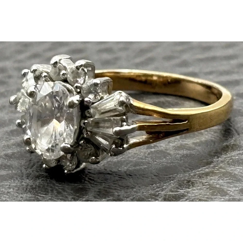 Vintage Yellow Gold Plated Oval CZ Halo Cocktail Ring Round Baguette Accents